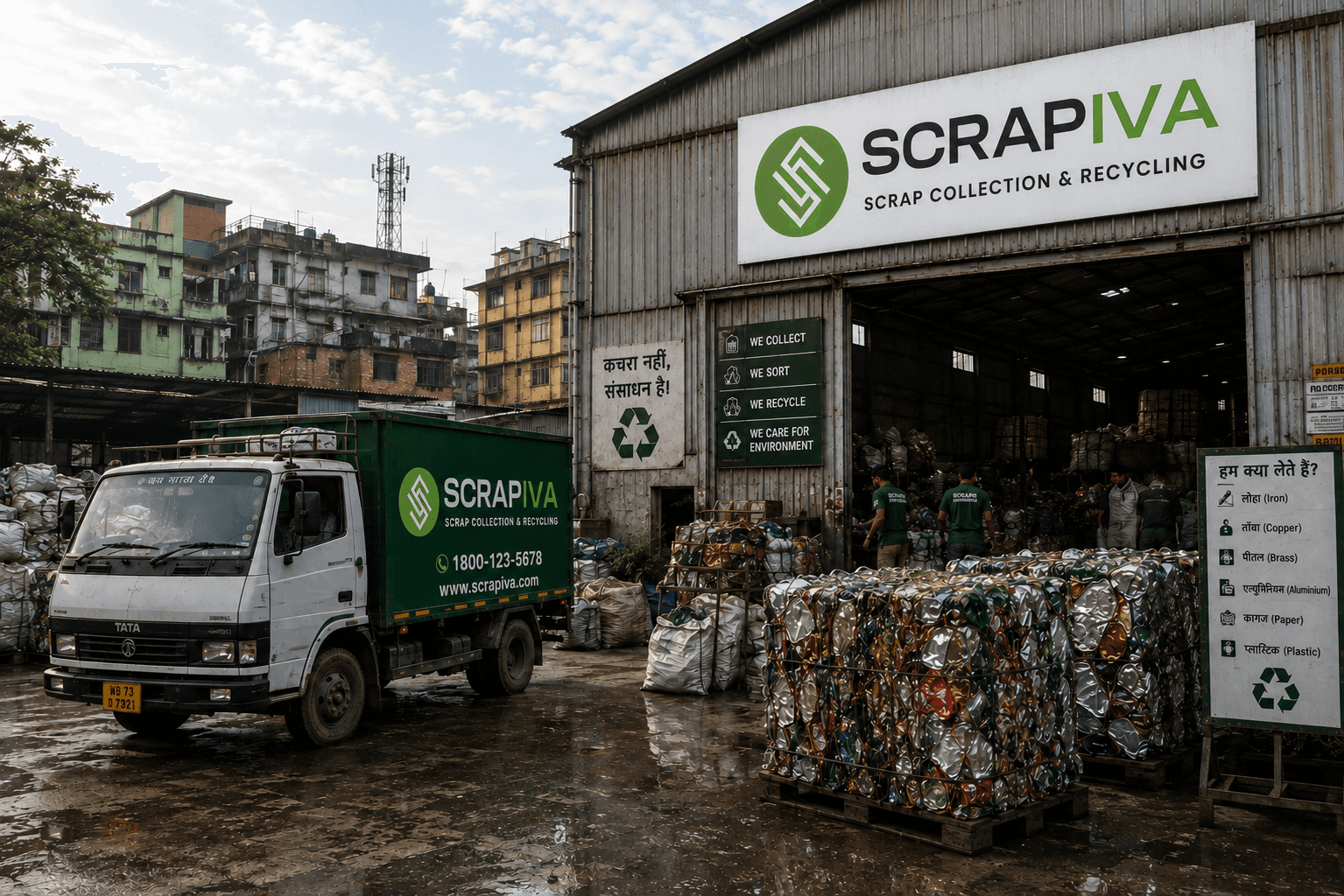 Scrapiva industrial factory environment showing scrap bales, a green truck, and sorting facilities